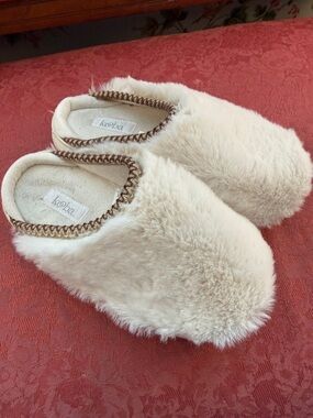 Kooba Cream Faux Fur Slip-Ons with Braided Trim